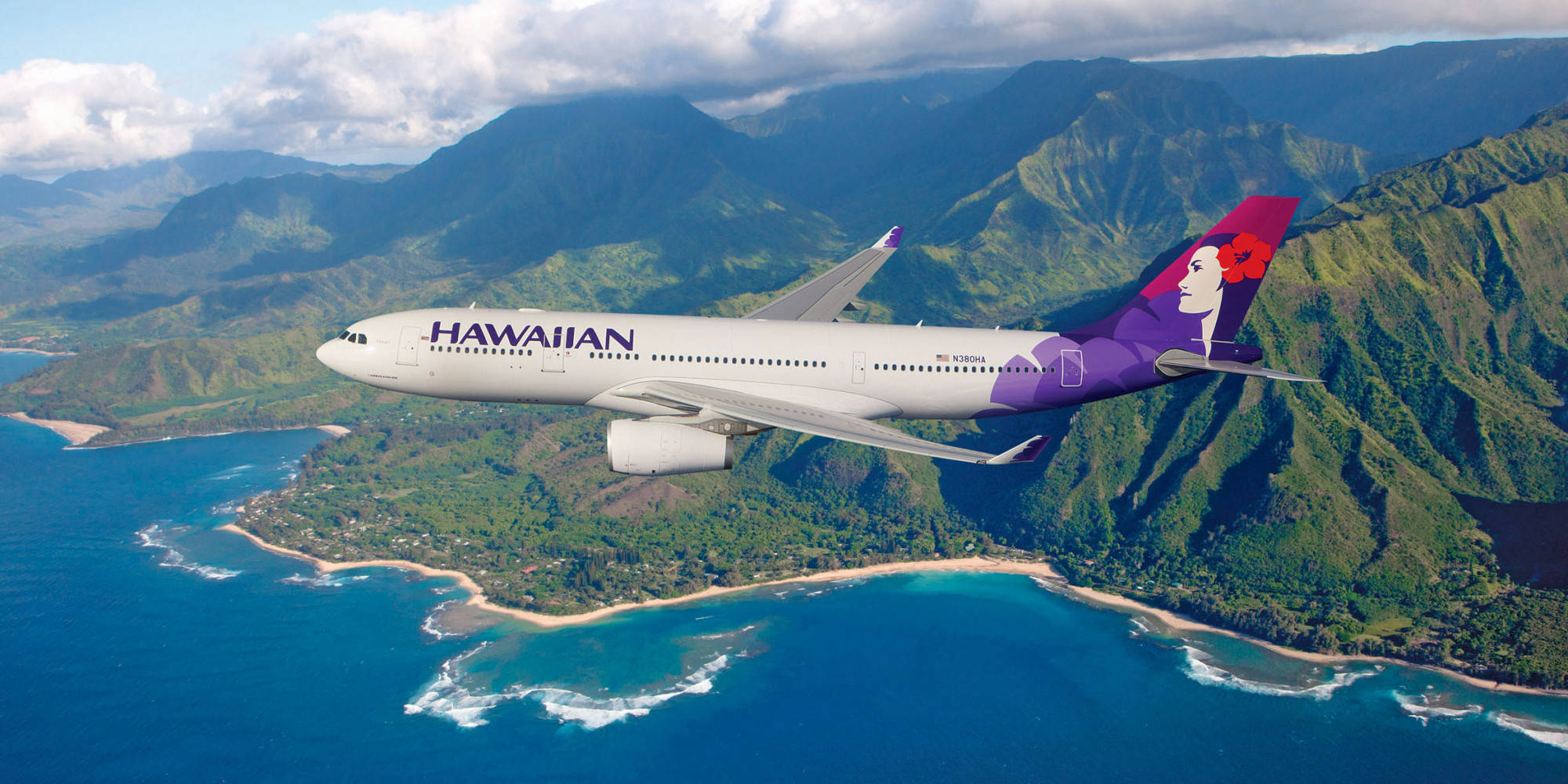 Hawaiian Airlines, plane, lush green mountainous island, Full HD Desktop Wallpaper
