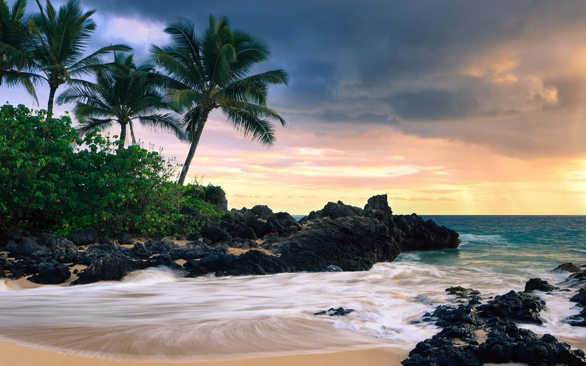 Hawaiian Beach, sunset, palm trees, Full HD Desktop Wallpaper