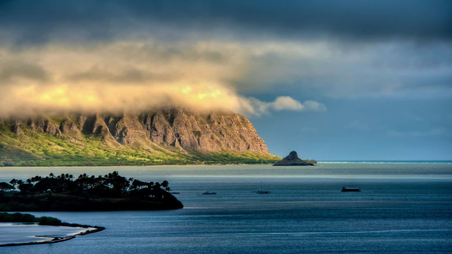 Hawaiian Beach, Sunset, mountain range, Full HD Desktop Wallpaper