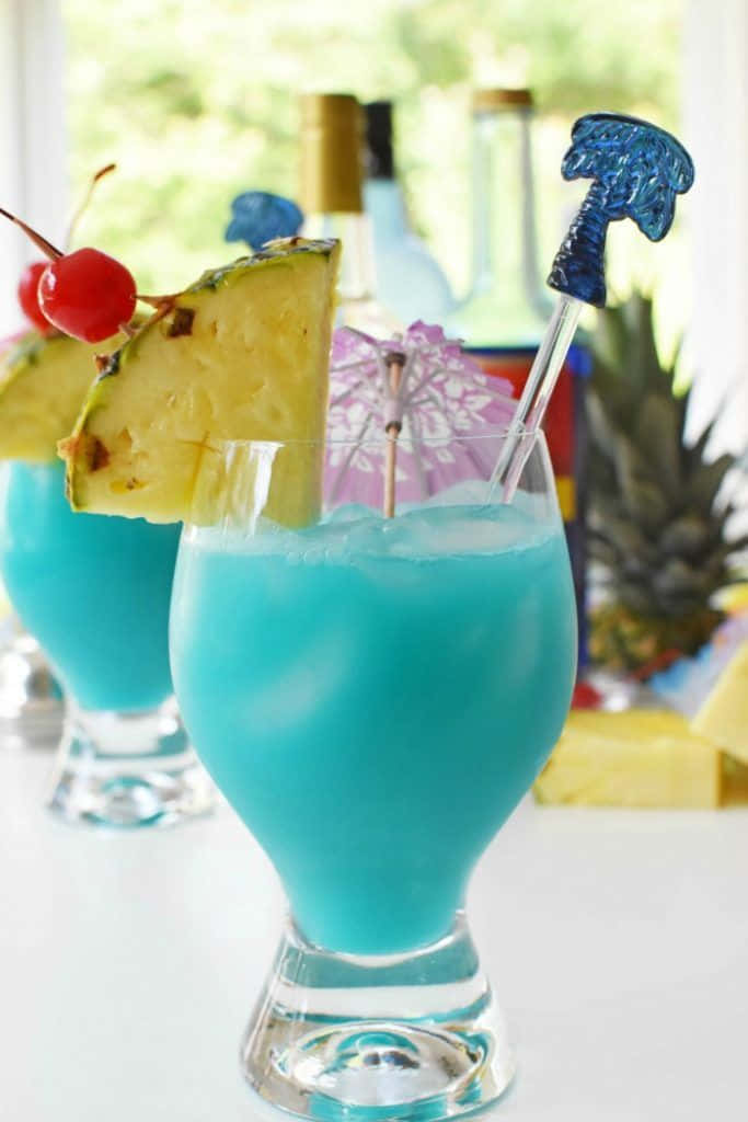 blue hawaii, tropical cocktails, pineapple cherry, SD Phone Wallpaper
