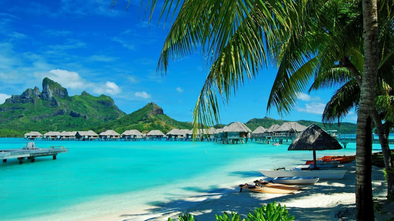 Hawaiian Beach, turquoise lagoon, overwater bungalows, HD Desktop Wallpaper