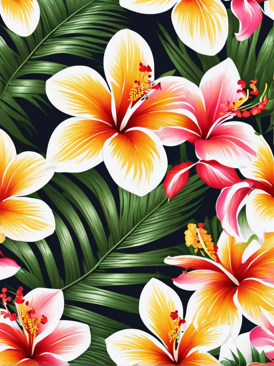 tropical hibiscus, palm leaves, deep black background, SD Phone Wallpaper