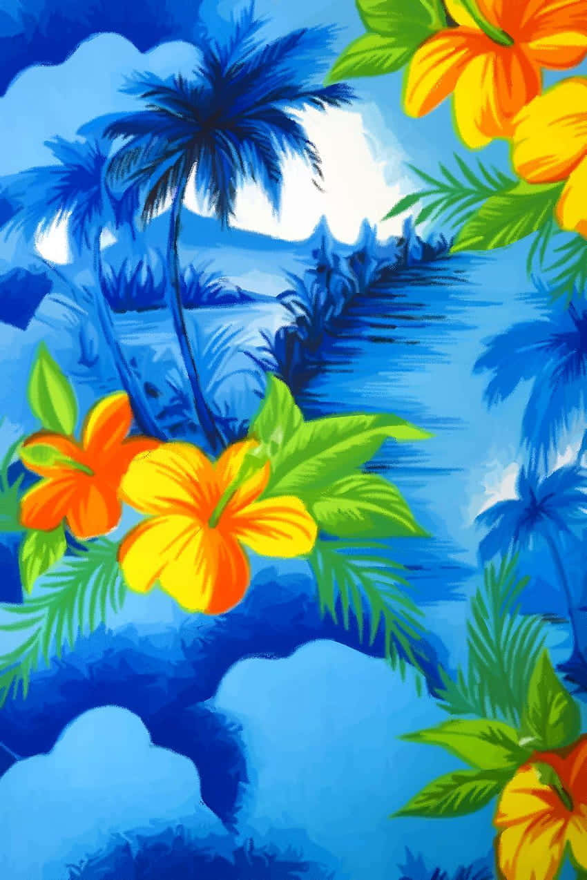 tropical hawaiian flowers, palm trees, bold blue palm trees, SD Phone Wallpaper