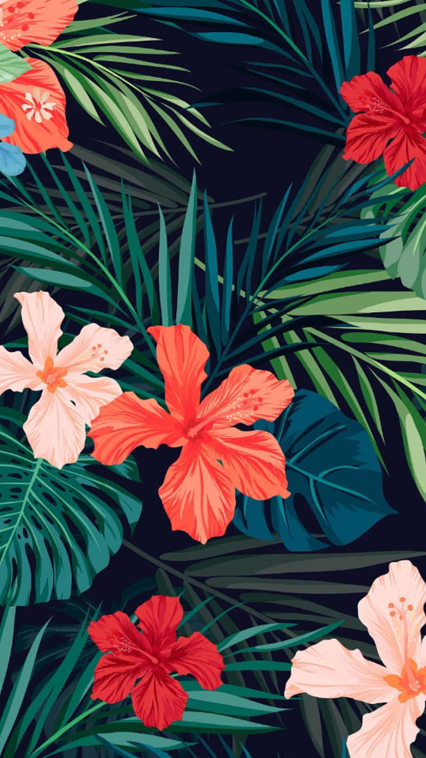 tropical hibiscus, palm pattern, vibrant red, HD Phone Wallpaper
