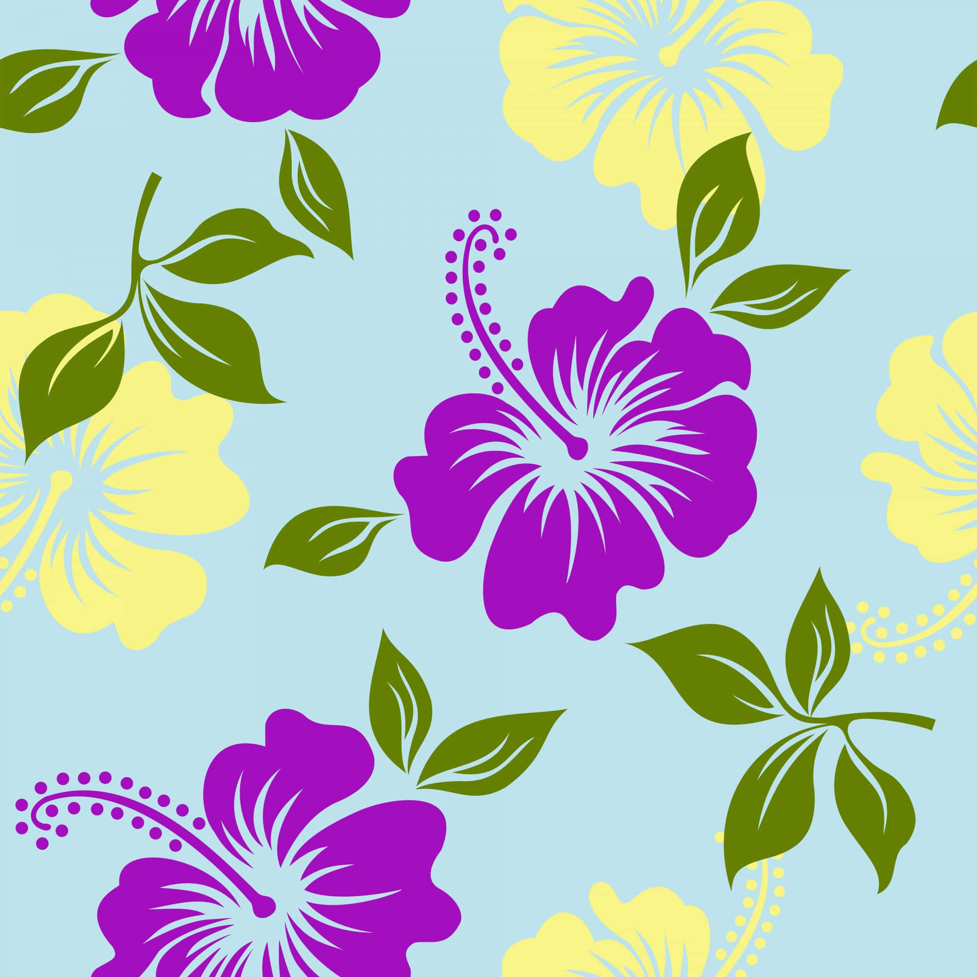 Hawaiian hibiscus, purple and yellow hibiscus flowers, green leaves, Full HD Desktop Wallpaper