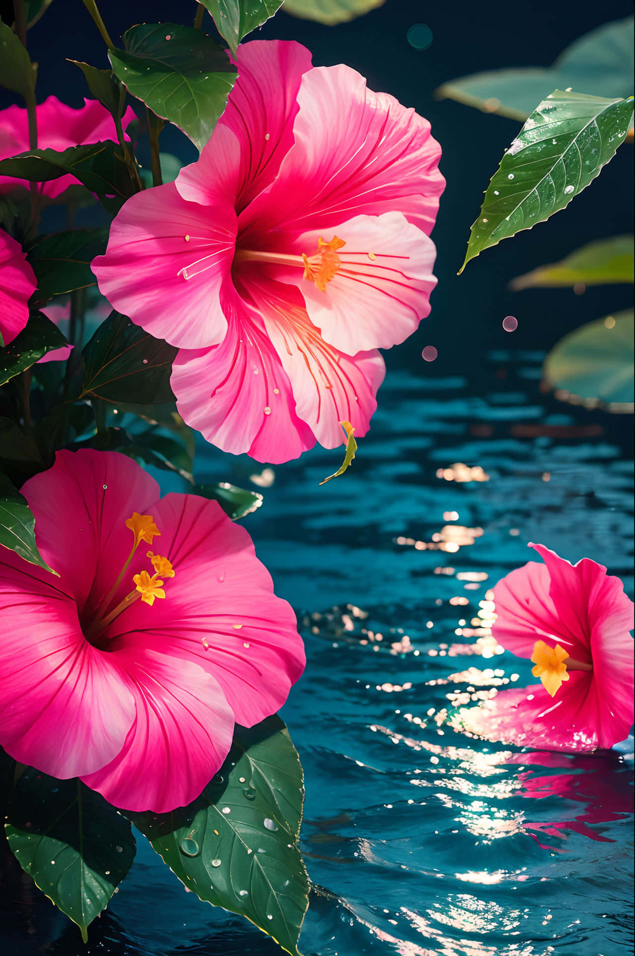 vibrant pink hibiscus flowers, yellow centers, glistening turquoise water, Full HD Phone Wallpaper