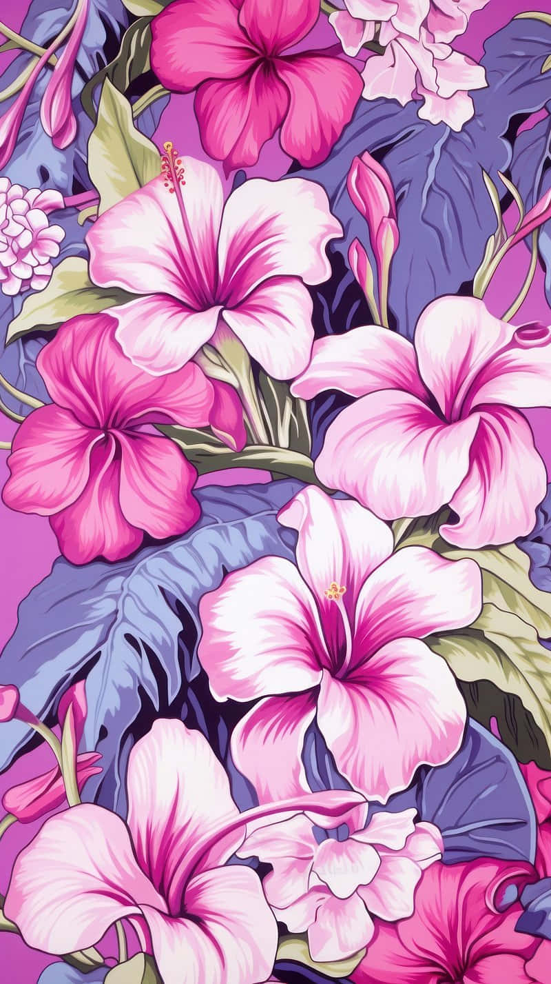 vibrant pink hibiscus flowers, deep purple foliage, lush tropical pattern, HD Phone Wallpaper
