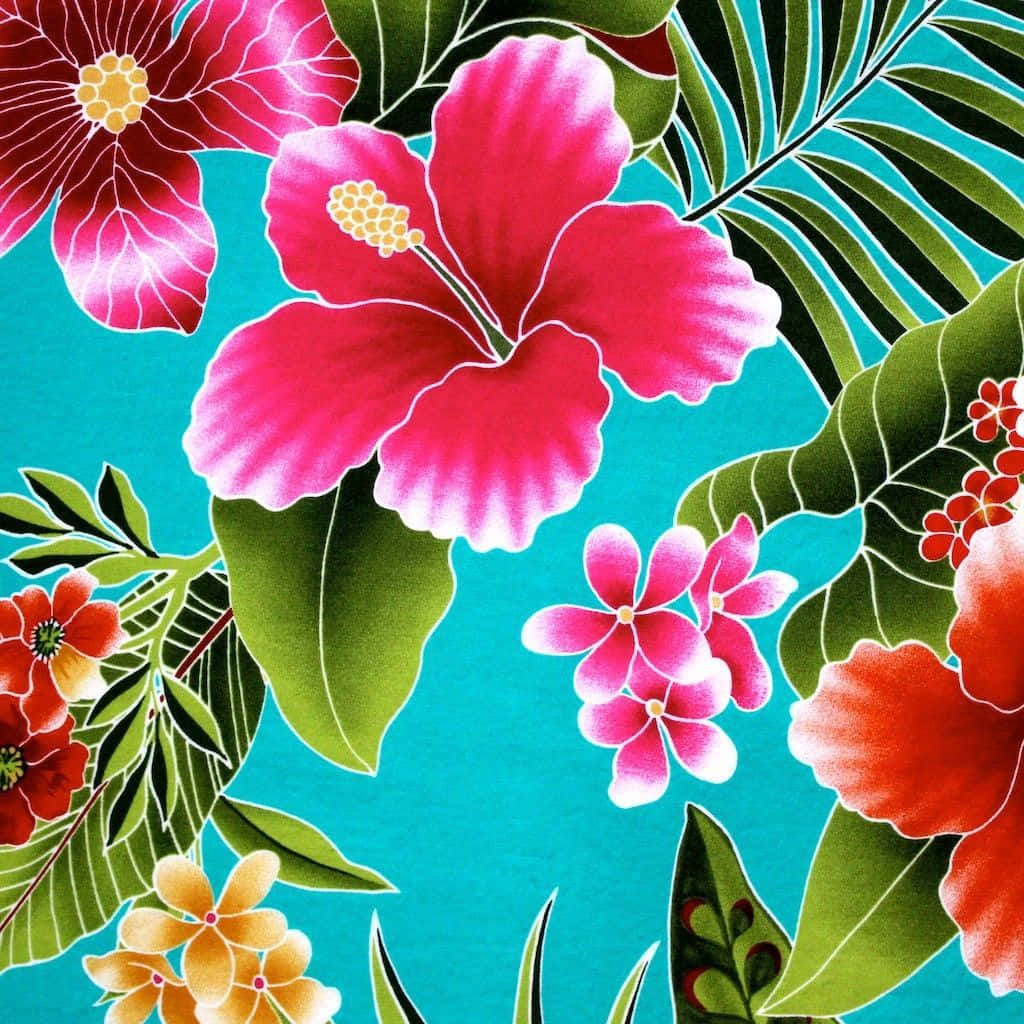 Hawaiian Floral Pattern, pink red hibiscus flowers, green leaves, SD Desktop Wallpaper