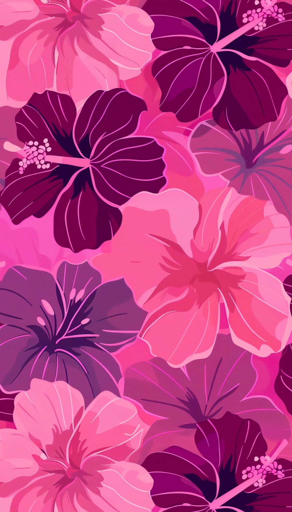 vibrant pink, magenta hibiscus flowers, bold stylized pattern, HD Phone Wallpaper
