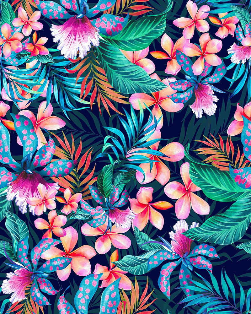 vibrant hawaiian floral pattern, electric pink, teal, SD Phone Wallpaper