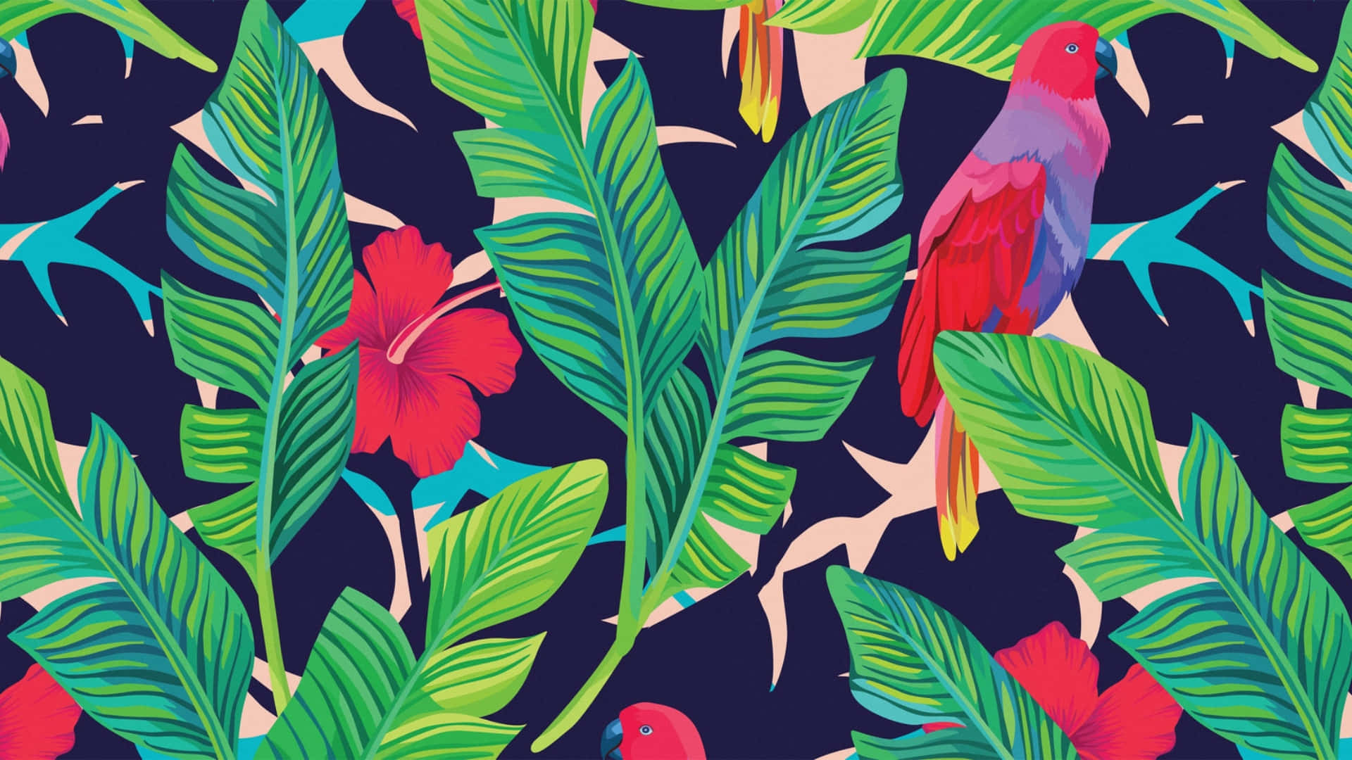 Hawaiian Tropical Pattern, bold green leaves, red hibiscus flowers, Full HD Desktop Wallpaper