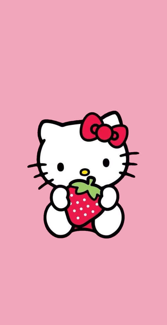 Hello Kitty, strawberry, solid pink background, SD Phone Wallpaper