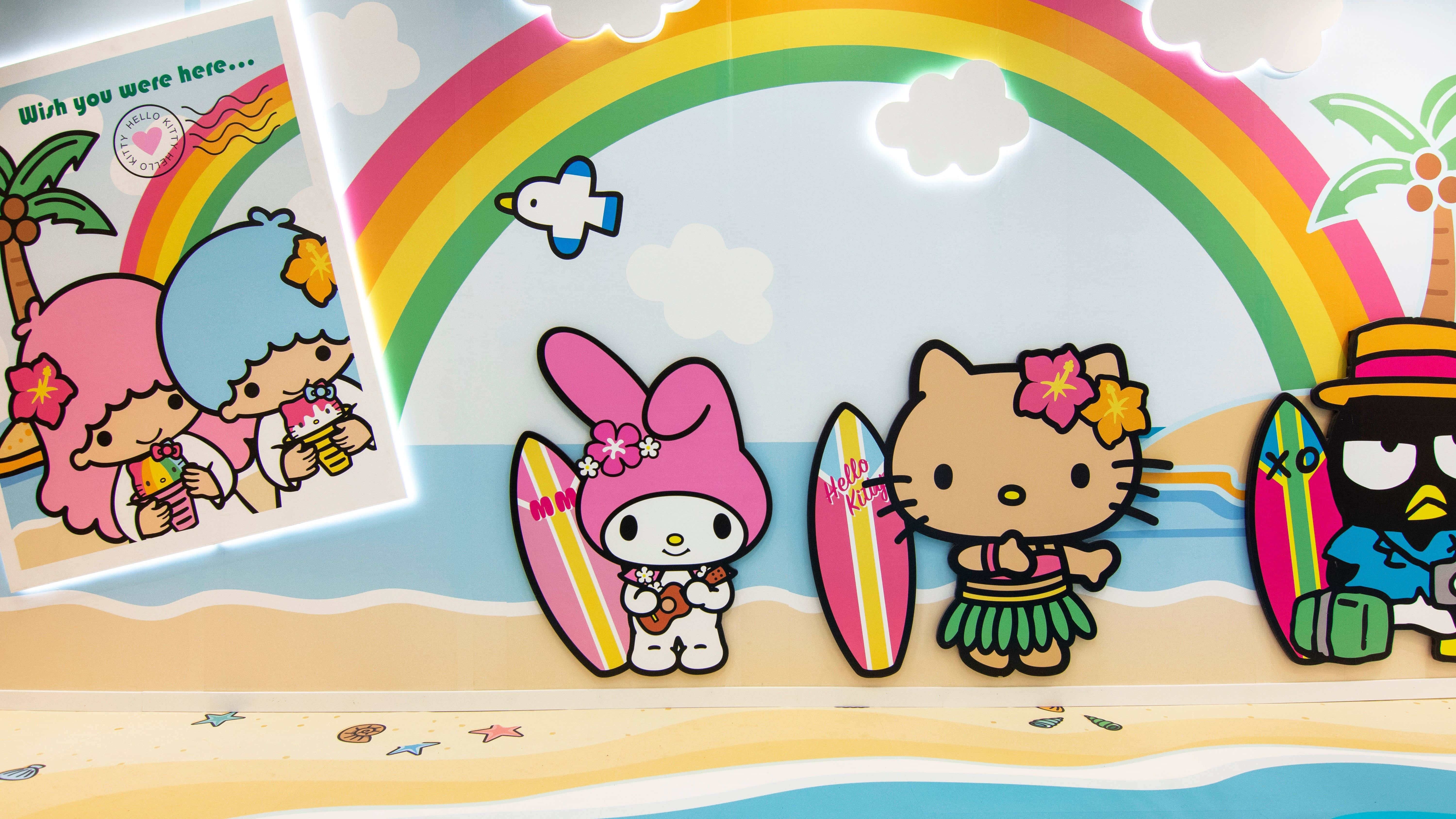 Hawaiian Hello Kitty, friends, surfing, 5K Desktop Wallpaper