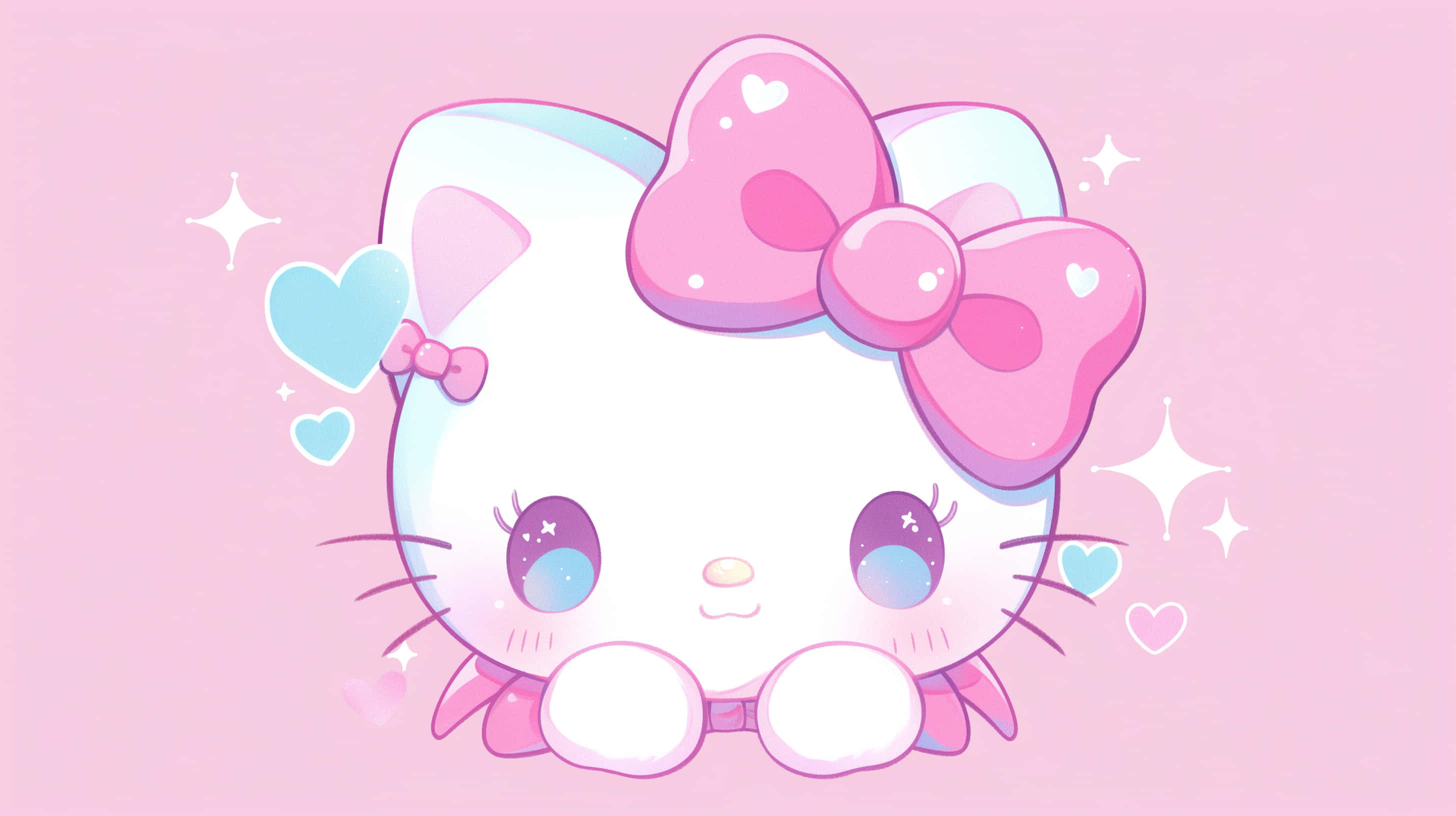 Hawaiian Hello Kitty, pink background, white cartoon cat, 2K Desktop Wallpaper