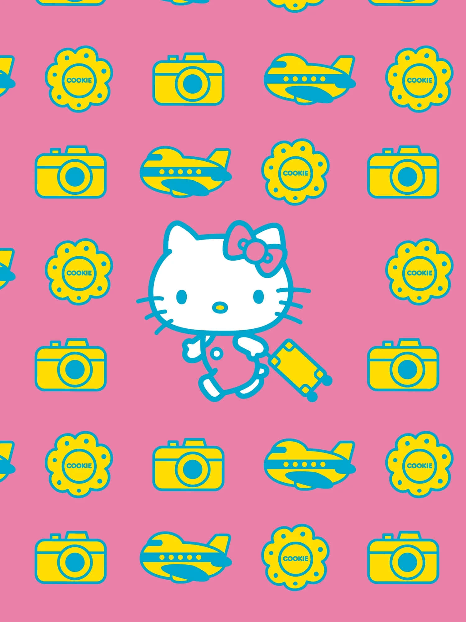Hello Kitty, pink and yellow patterned wallpaper, suitcase, Full HD Phone Wallpaper