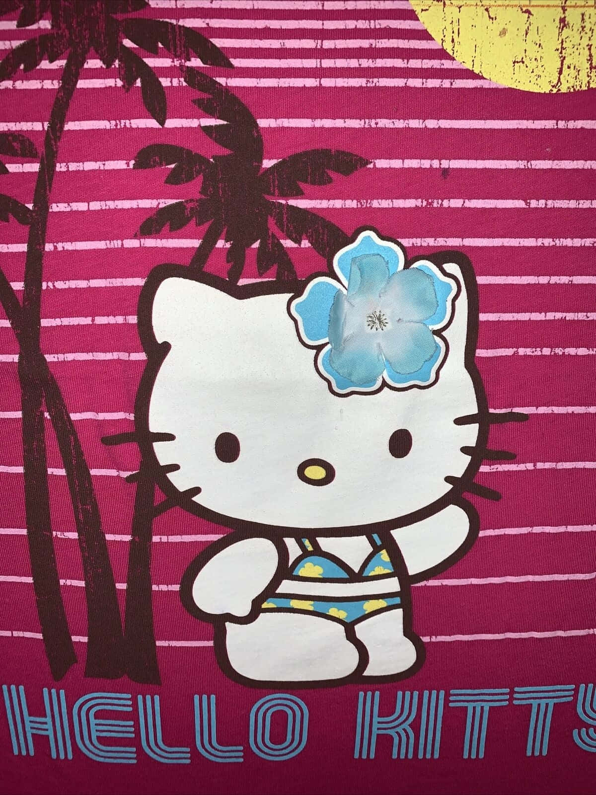 Hello Kitty, blue floral swimsuit, pink striped background, HD Phone Wallpaper