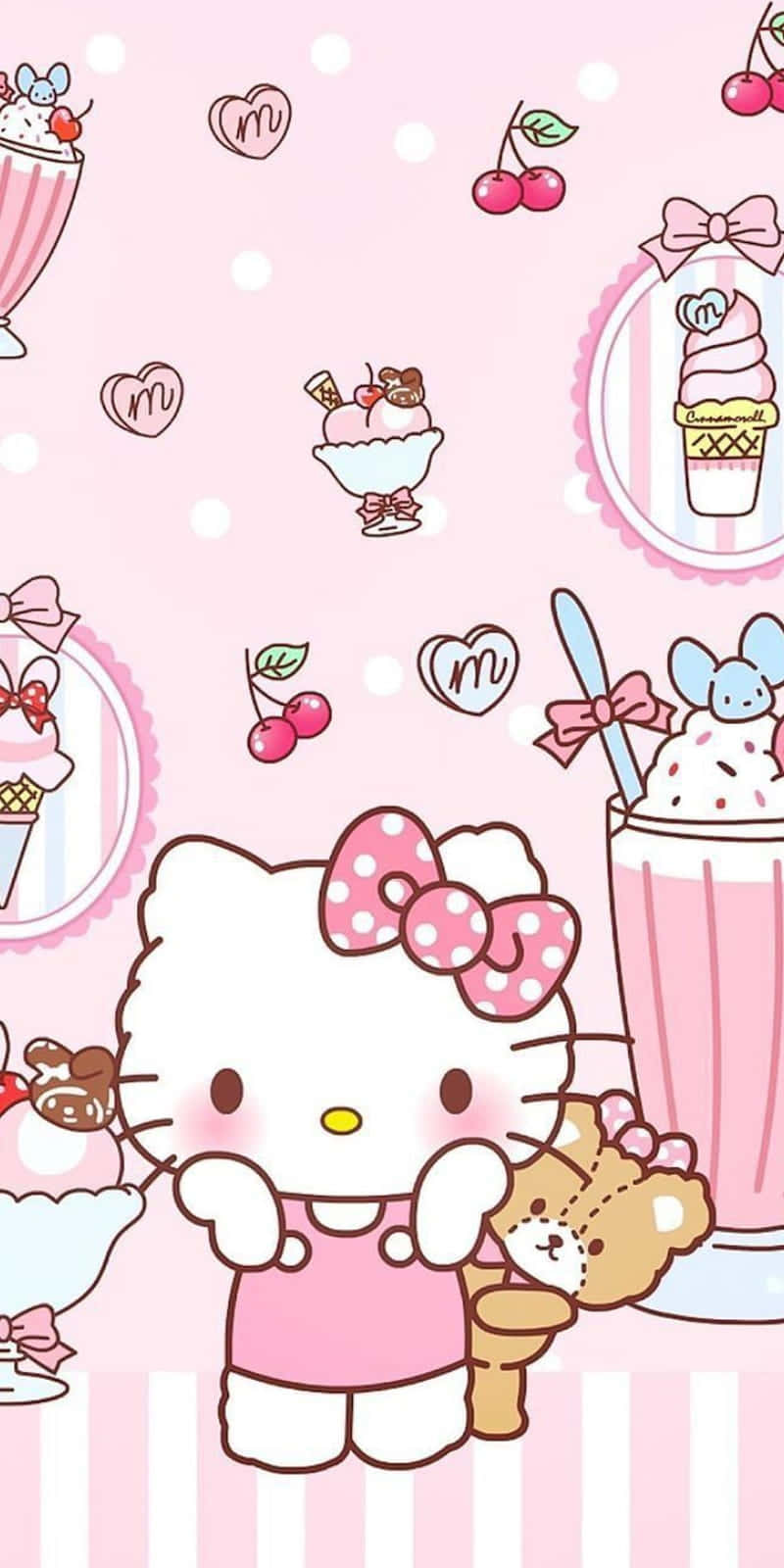 Hawaiian Hello Kitty, pink polka dot bow, teddy bear, HD Phone Wallpaper