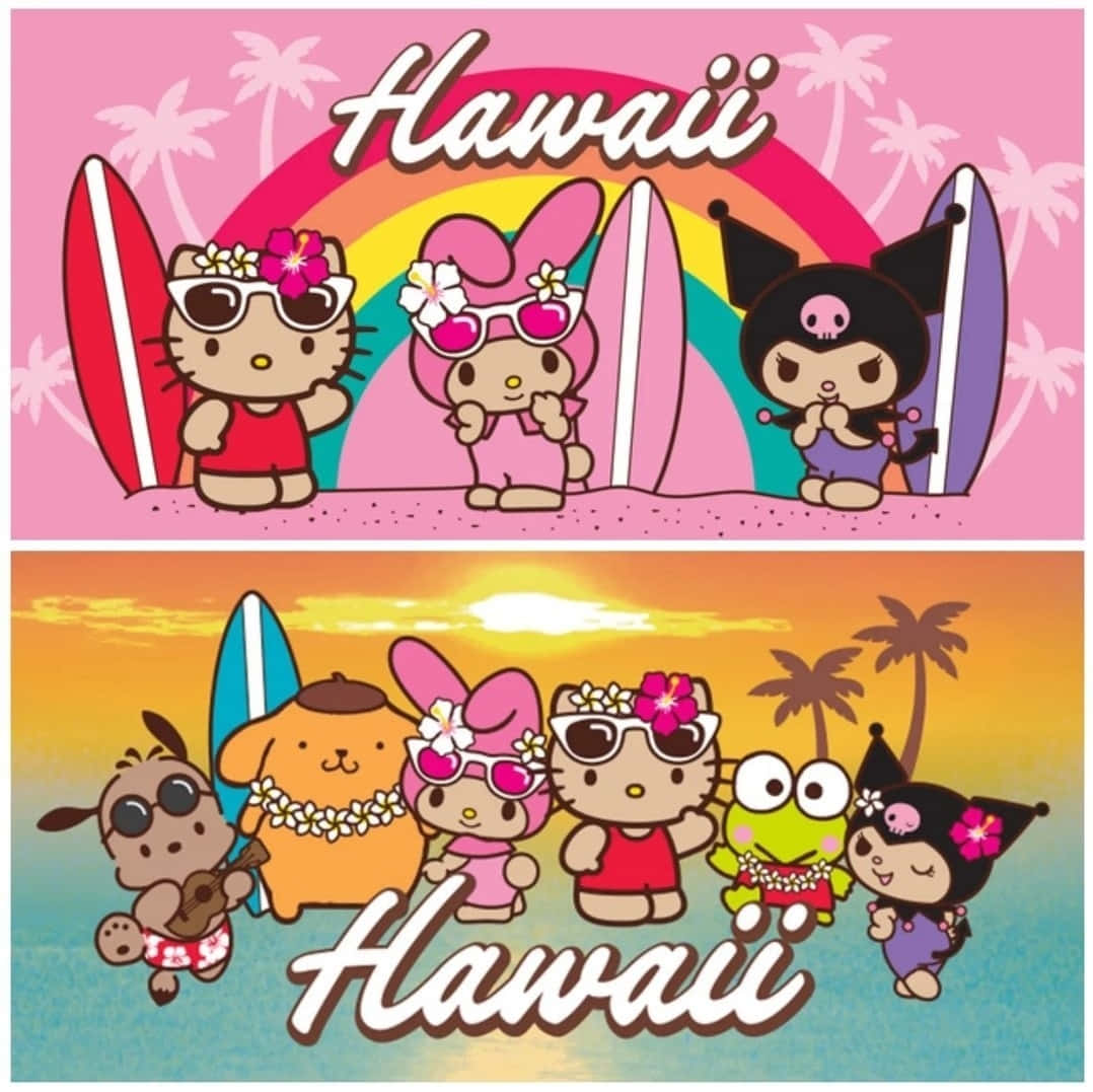 Hawaiian Hello Kitty, friends, sunglasses, SD Desktop Wallpaper