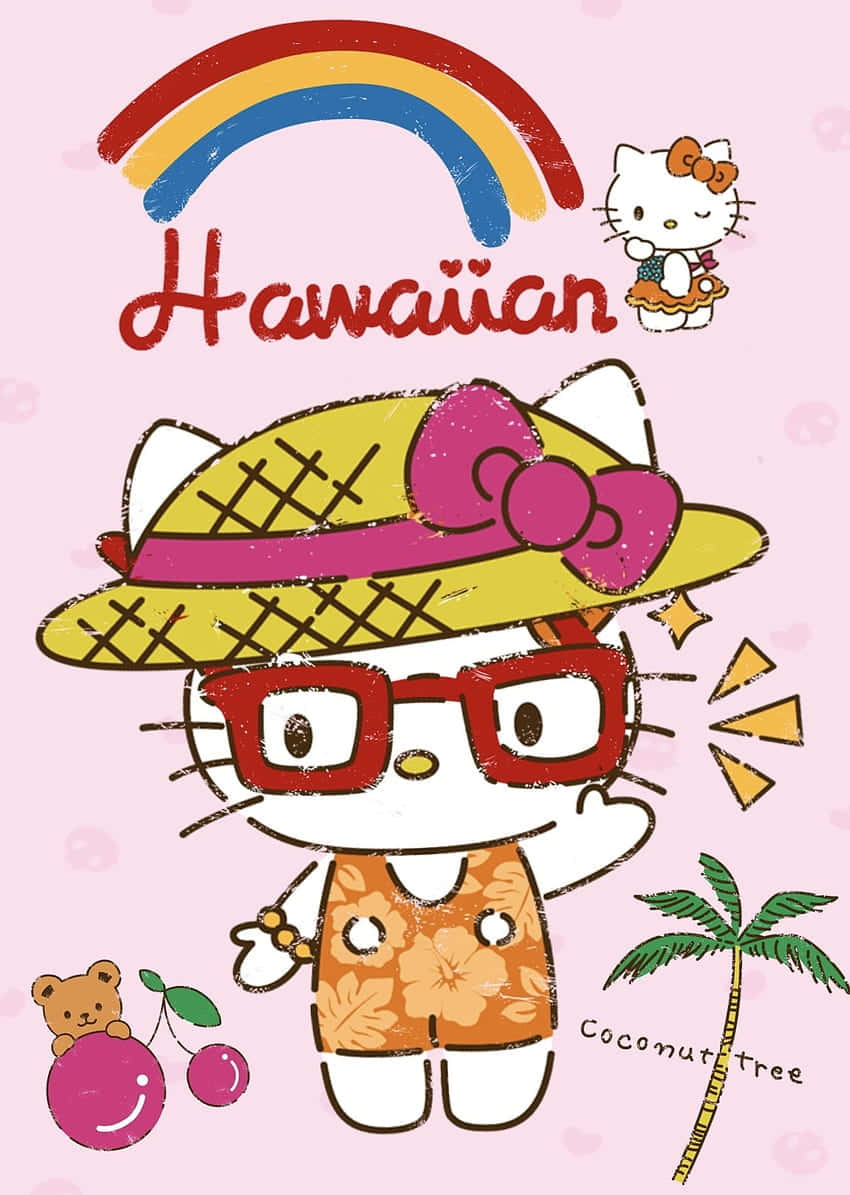 Hawaiian Hello Kitty, straw hat, red glasses, SD Phone Wallpaper