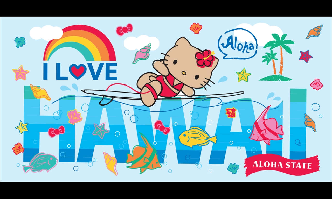Hawaiian Hello Kitty, red swimsuit, surfboard, HD Desktop Wallpaper