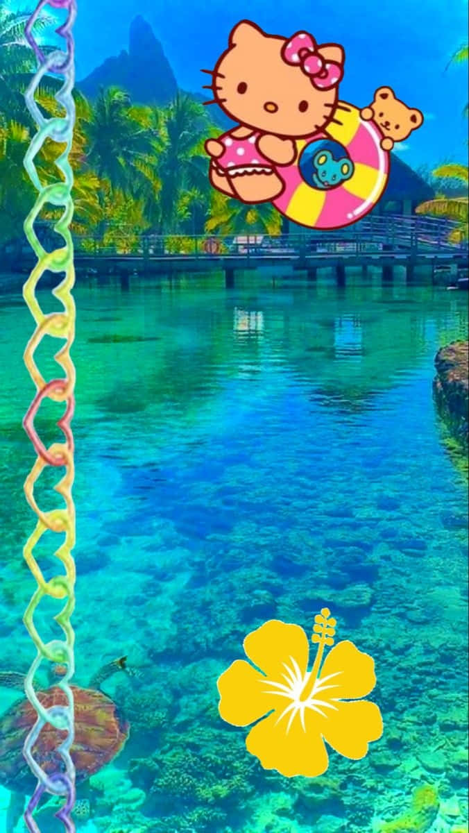 Hawaiian Hello Kitty, pink swimsuit, rainbow inner tube, SD Phone Wallpaper