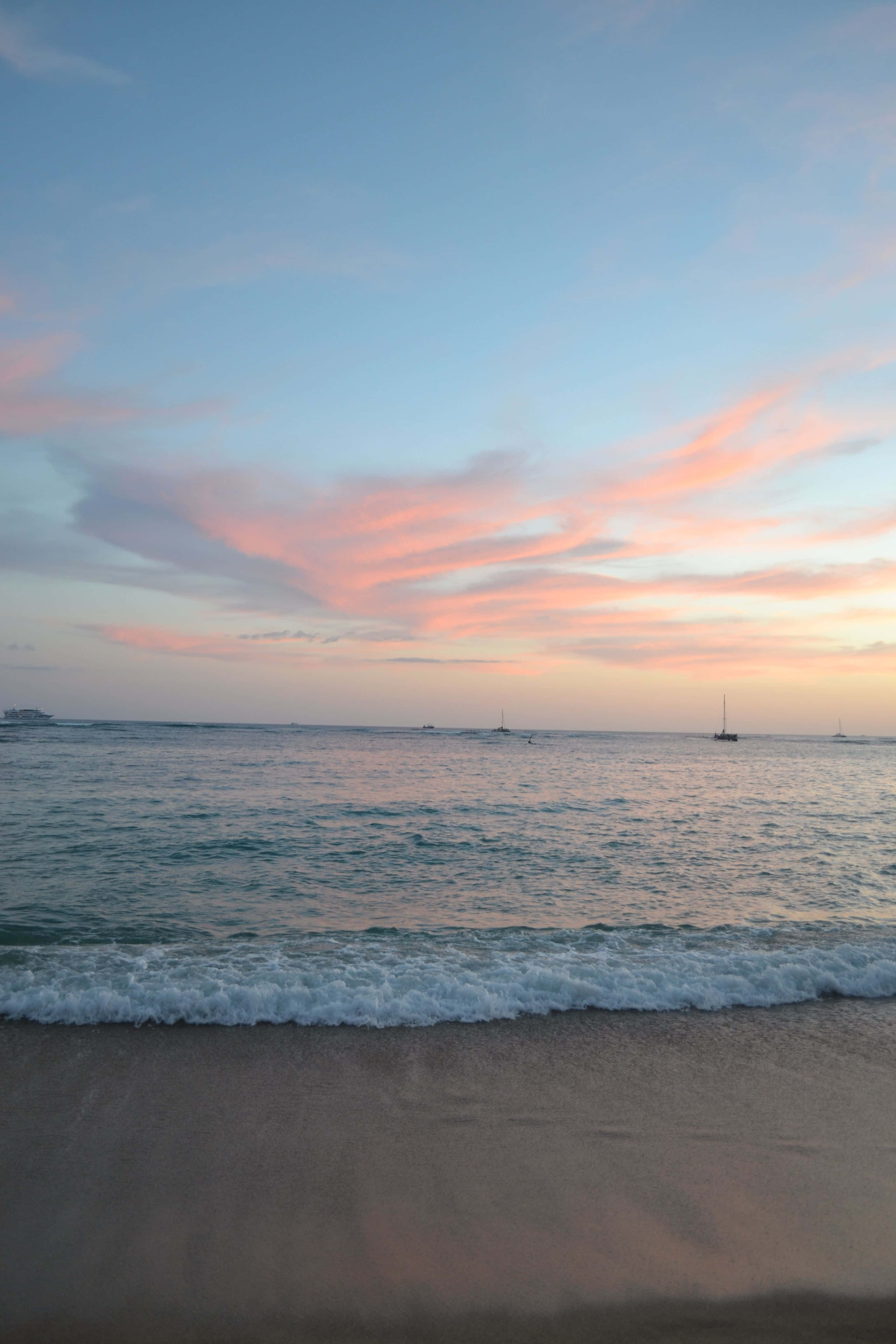 sunset, pink and blue skies, calm turquoise waters, 4K Phone Wallpaper