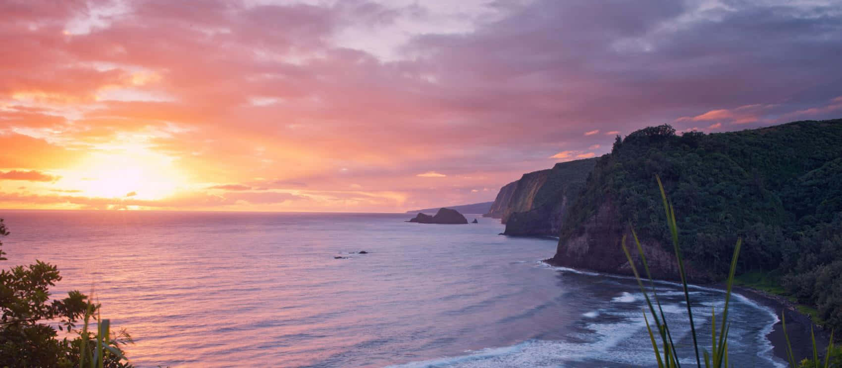 Hawaiian Island, sunset, fiery orange, HD Desktop Wallpaper