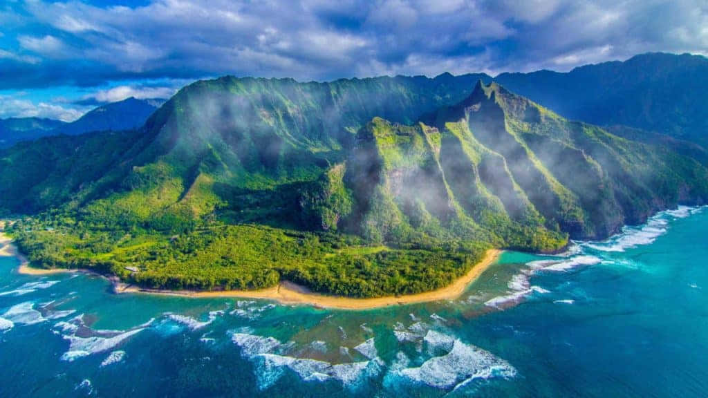 Hawaiian Island, lush green mountains, turquoise ocean, SD Desktop Wallpaper
