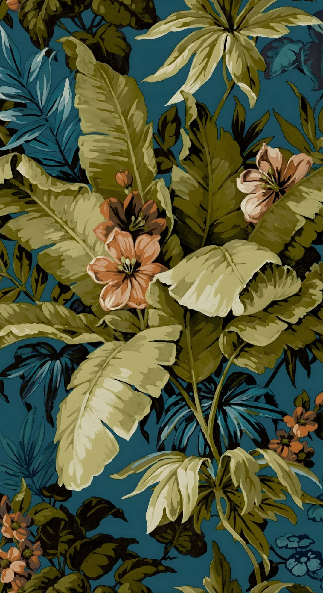 Hawaiian, tropical floral pattern, green leaves, Full HD Phone Wallpaper