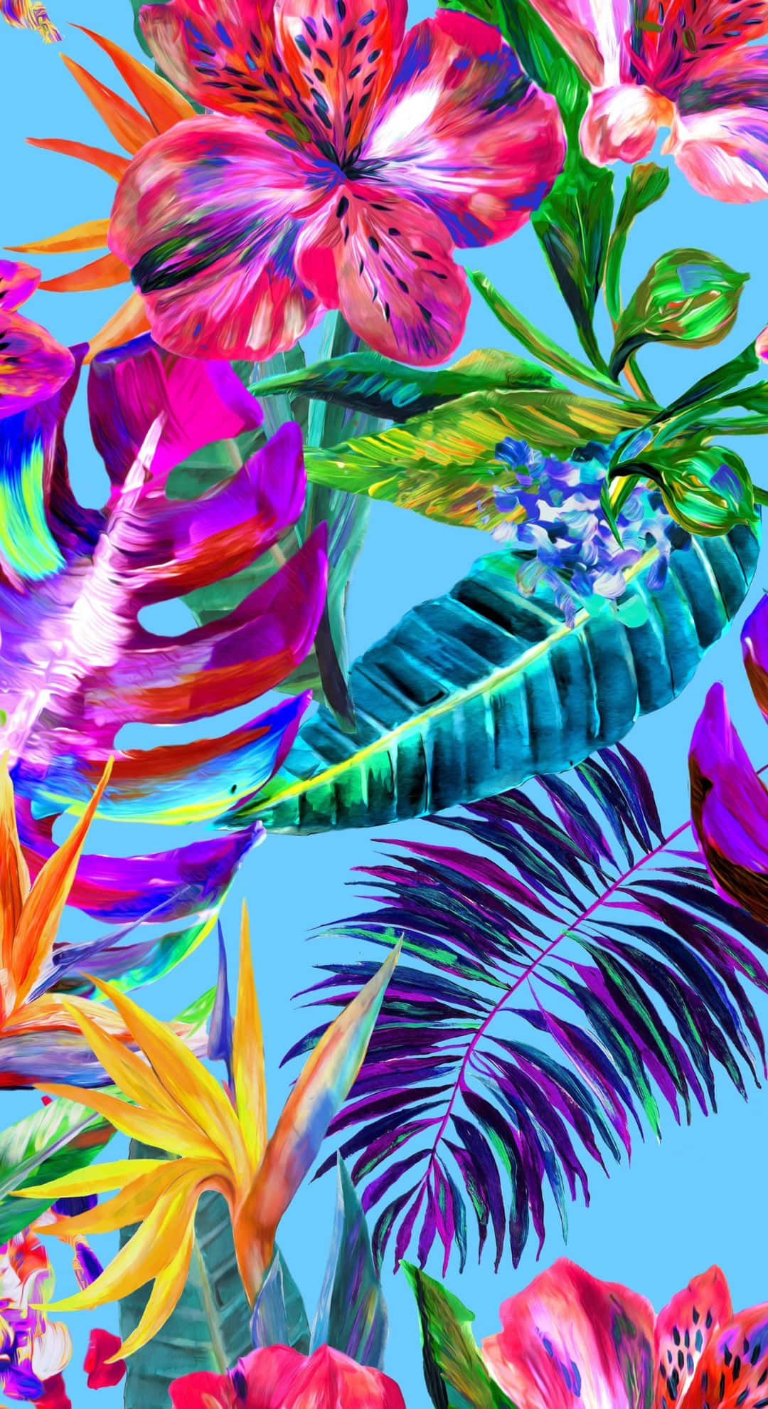 Hawaiian, tropical floral pattern, electric hues, Full HD Phone Wallpaper