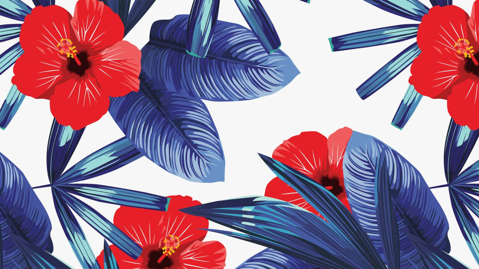 Hawaiian, tropical floral pattern, red hibiscus flowers, Full HD Desktop Wallpaper