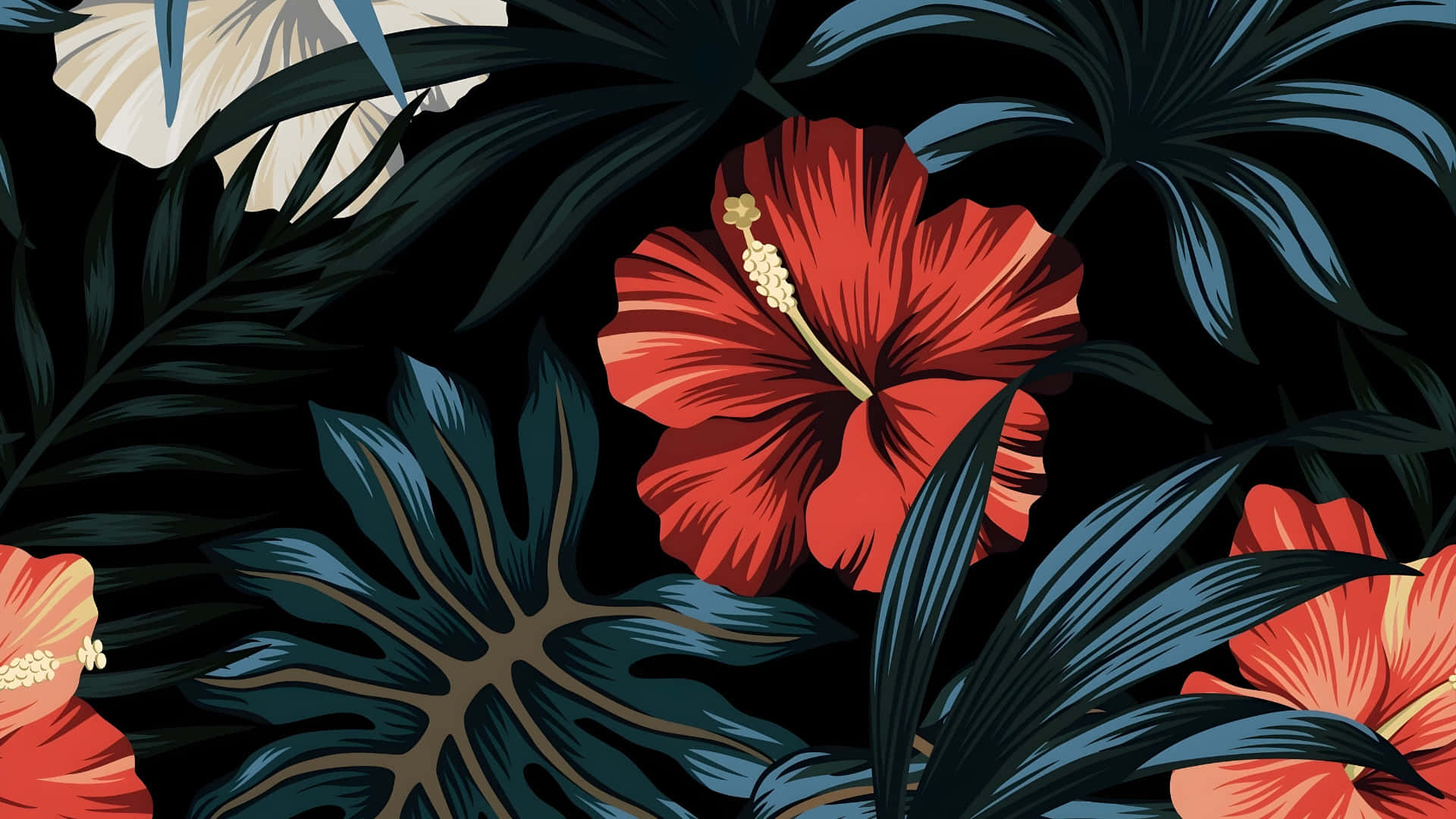 Hawaiian, tropical floral pattern, red hibiscus flowers, Full HD Desktop Wallpaper