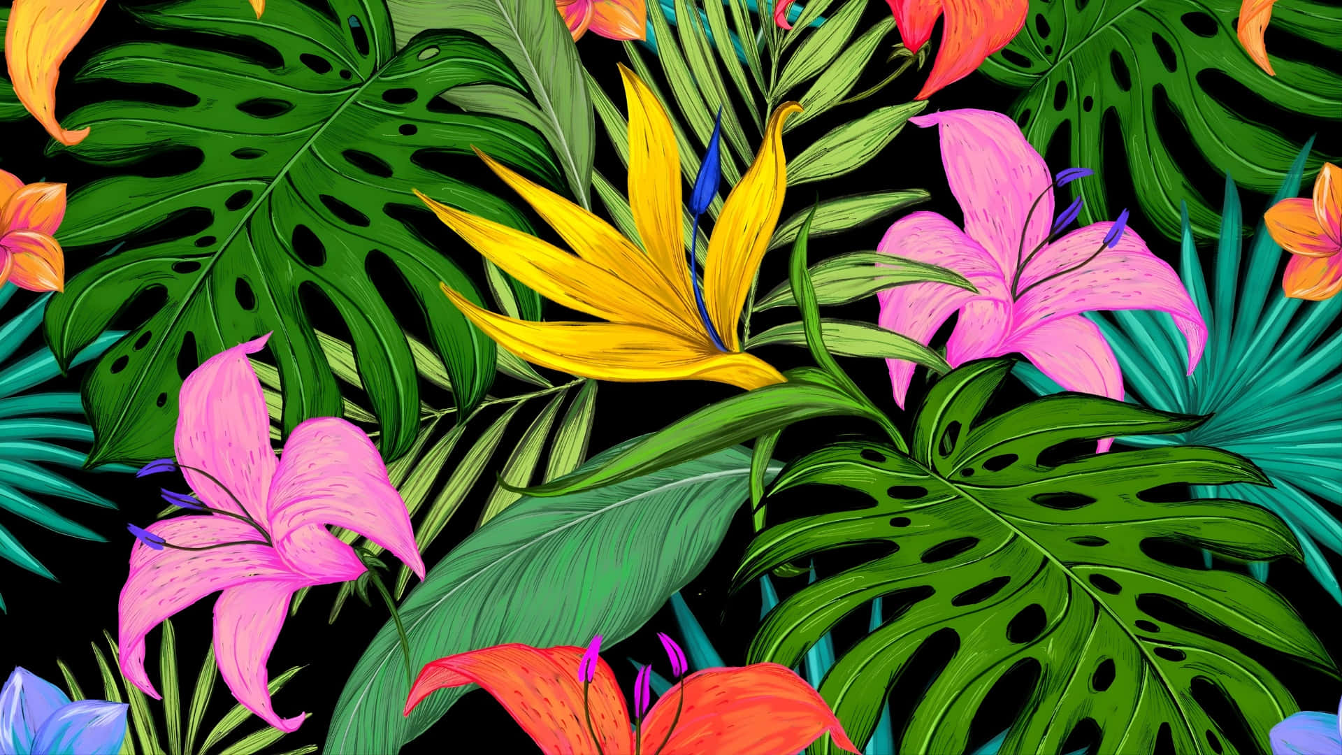 Hawaiian, tropical floral pattern, monstera leaves, Full HD Desktop Wallpaper