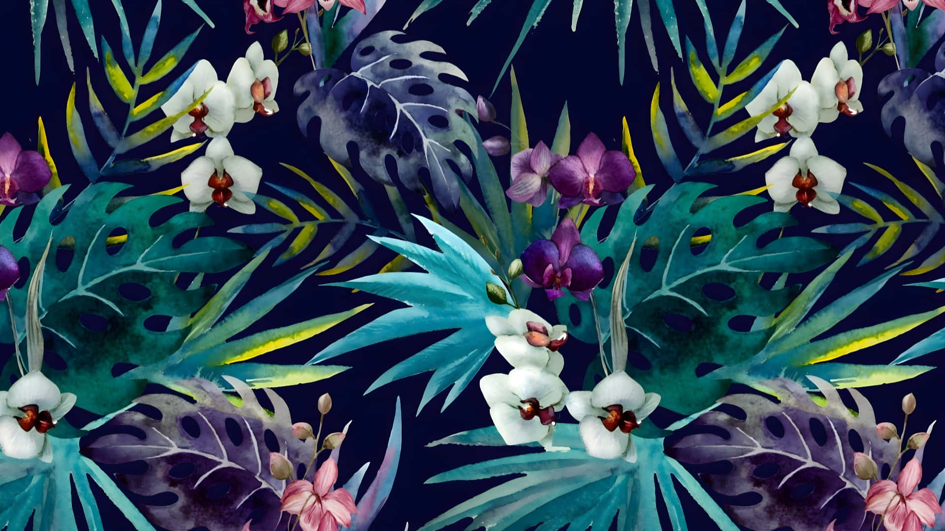 Hawaiian, tropical floral pattern, white orchids, Full HD Desktop Wallpaper