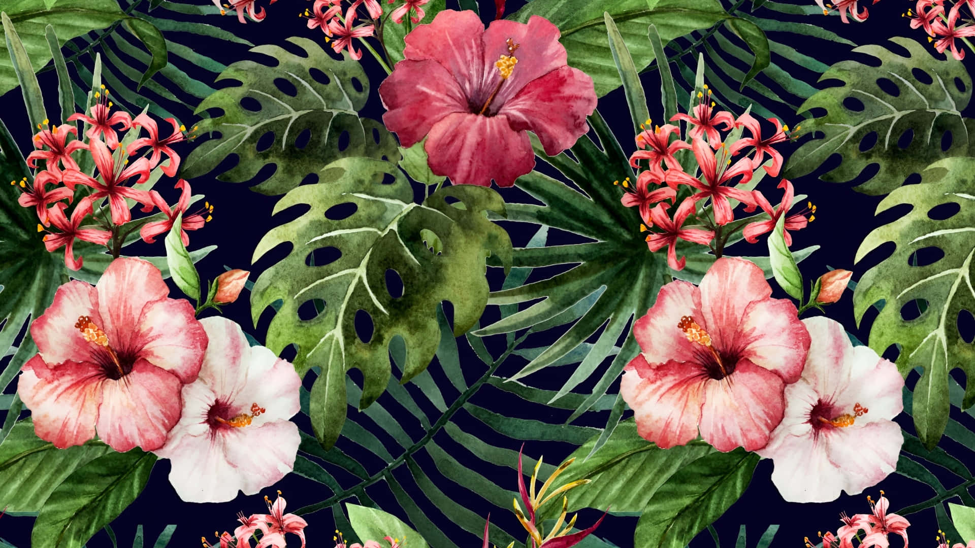 Hawaiian, tropical floral pattern, pink hibiscus flowers, Full HD Desktop Wallpaper