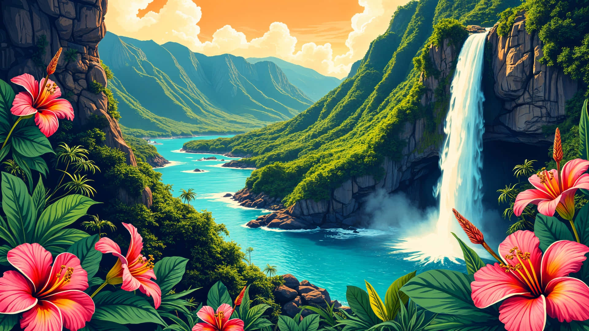 Hawaiian, tropical valley, cascading waterfall, Full HD Desktop Wallpaper