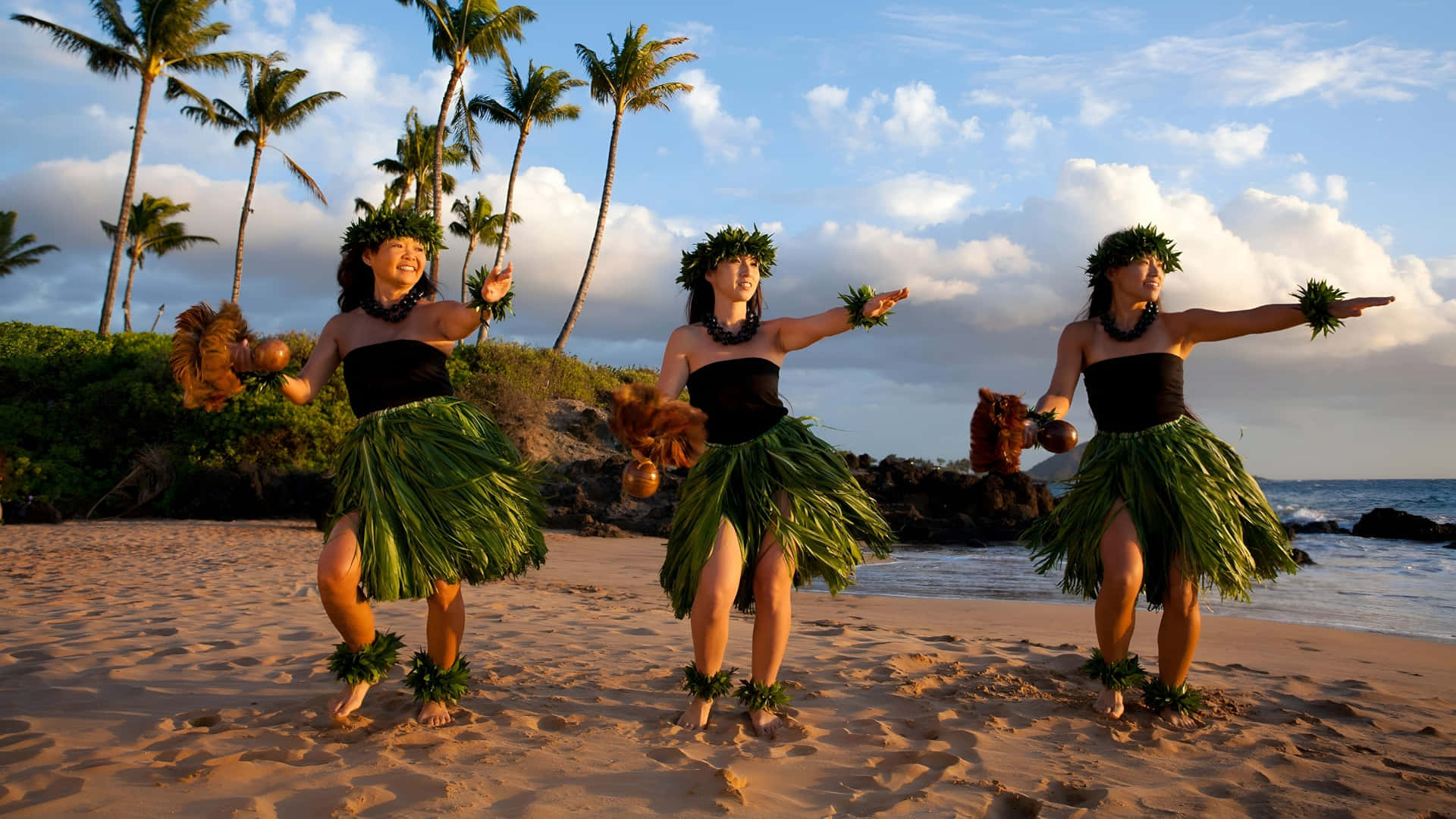 Hawaiian, hula dance, green leaf skirts, Full HD Desktop Wallpaper