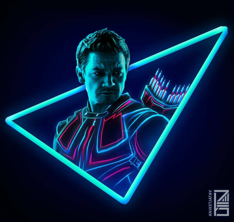 Hawkeye, neon-lit armor, glowing cyan triangle, SD Desktop Wallpaper