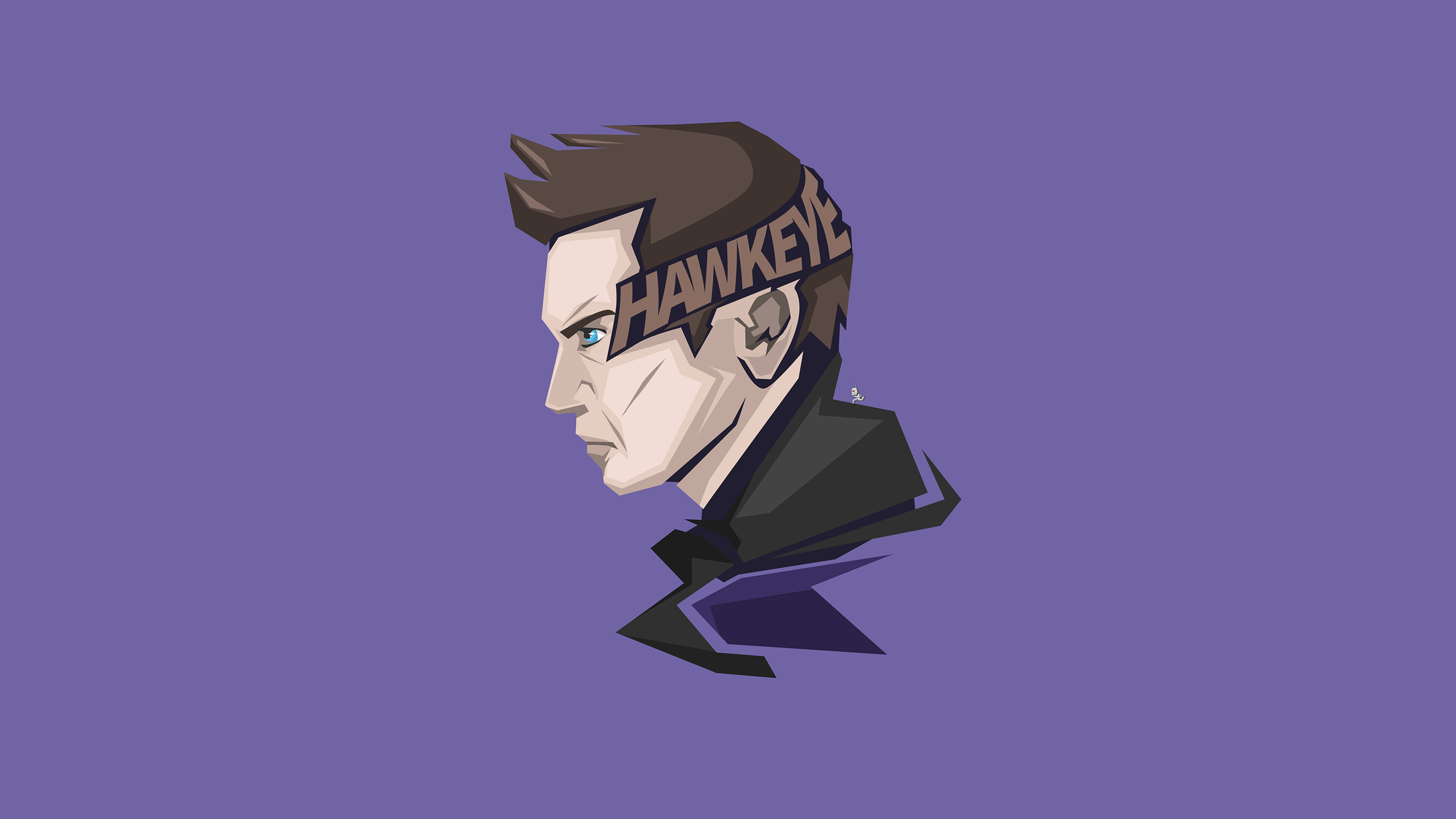 Hawkeye, purple background, name tattooed across his forehead, 8K Desktop Wallpaper
