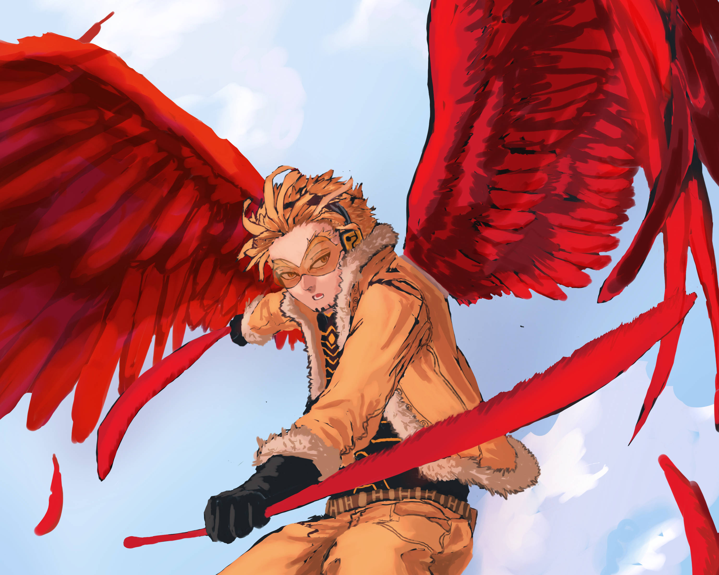 Hawks, My Hero Academia, fiery red-winged, 2K Desktop Wallpaper