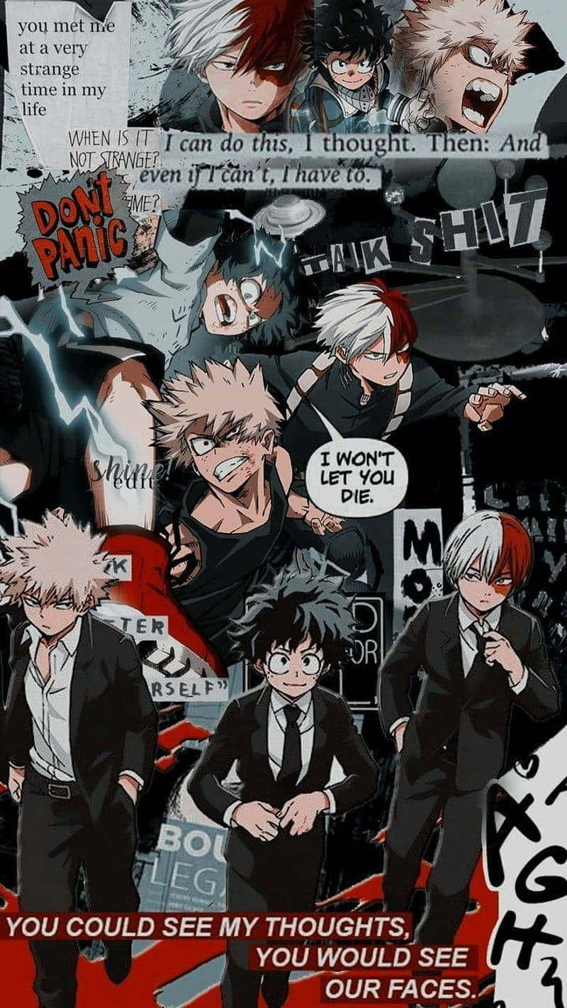 My Hero Academia, black suits, bold text overlays, HD Phone Wallpaper