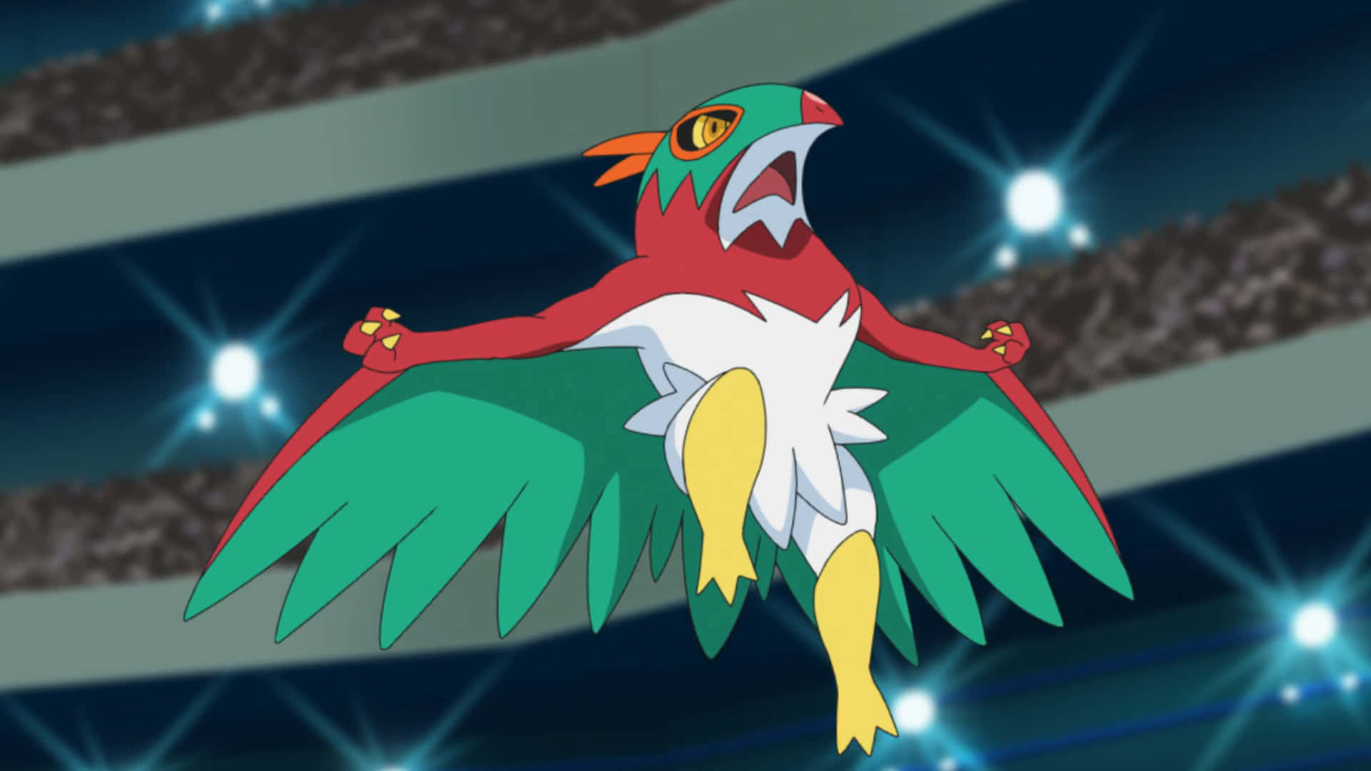 Hawlucha, green wings, red body, Full HD Desktop Wallpaper