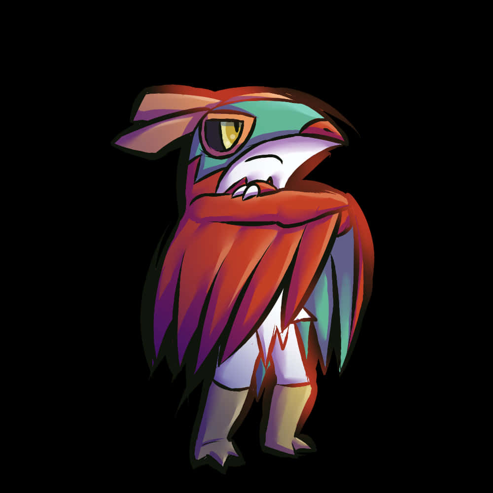 Hawlucha, vibrant red purple and teal feathers, confident smirk, SD Desktop Wallpaper