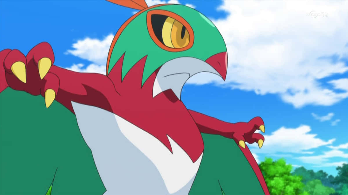 Hawlucha, blue cloudy sky, green and red anime bird, SD Desktop Wallpaper