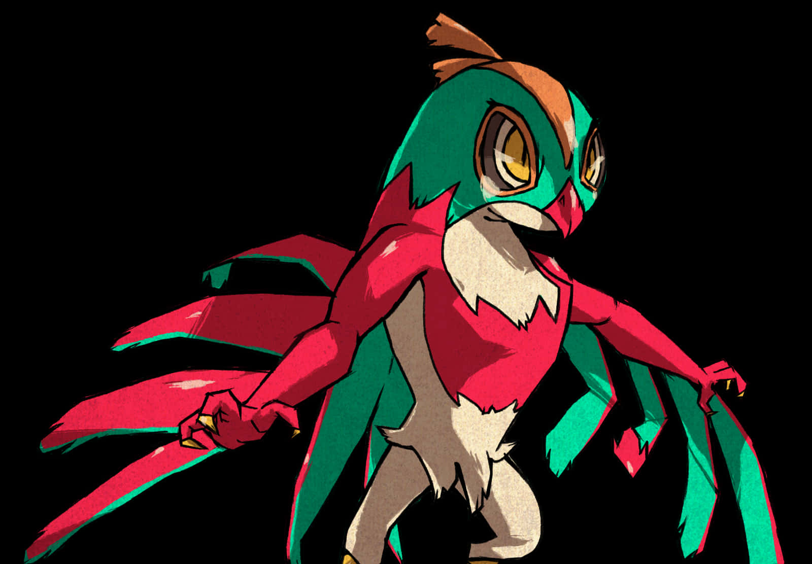 Hawlucha, anime owl-like creature, red green and beige plumage, HD Desktop Wallpaper