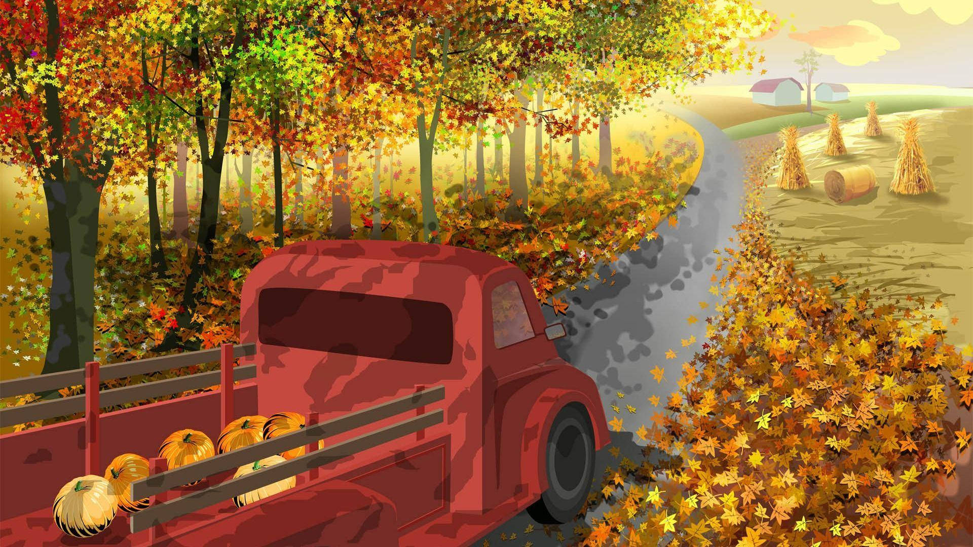Hay Day, red farm truck, pumpkins, Full HD Desktop Wallpaper