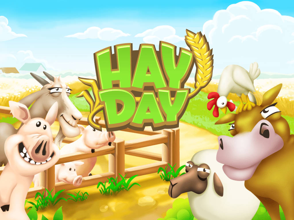 Hay Day, cartoon farm animals, wooden fence, SD Desktop Wallpaper