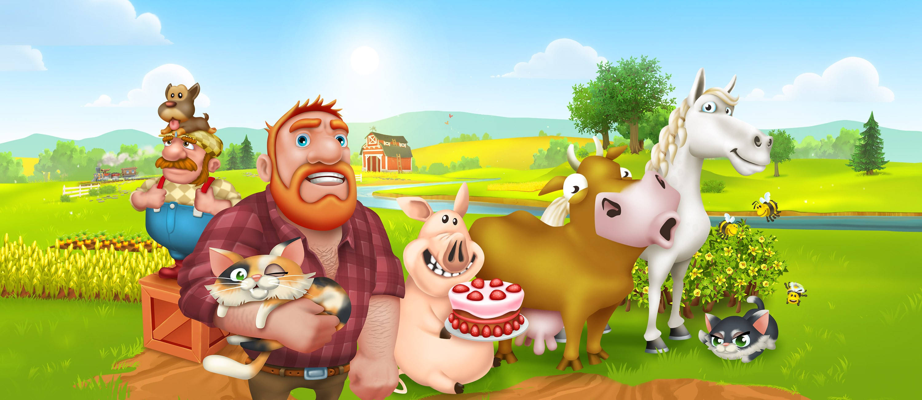 Hay Day, widescreen cover, cartoon farmer, 2K Desktop Wallpaper