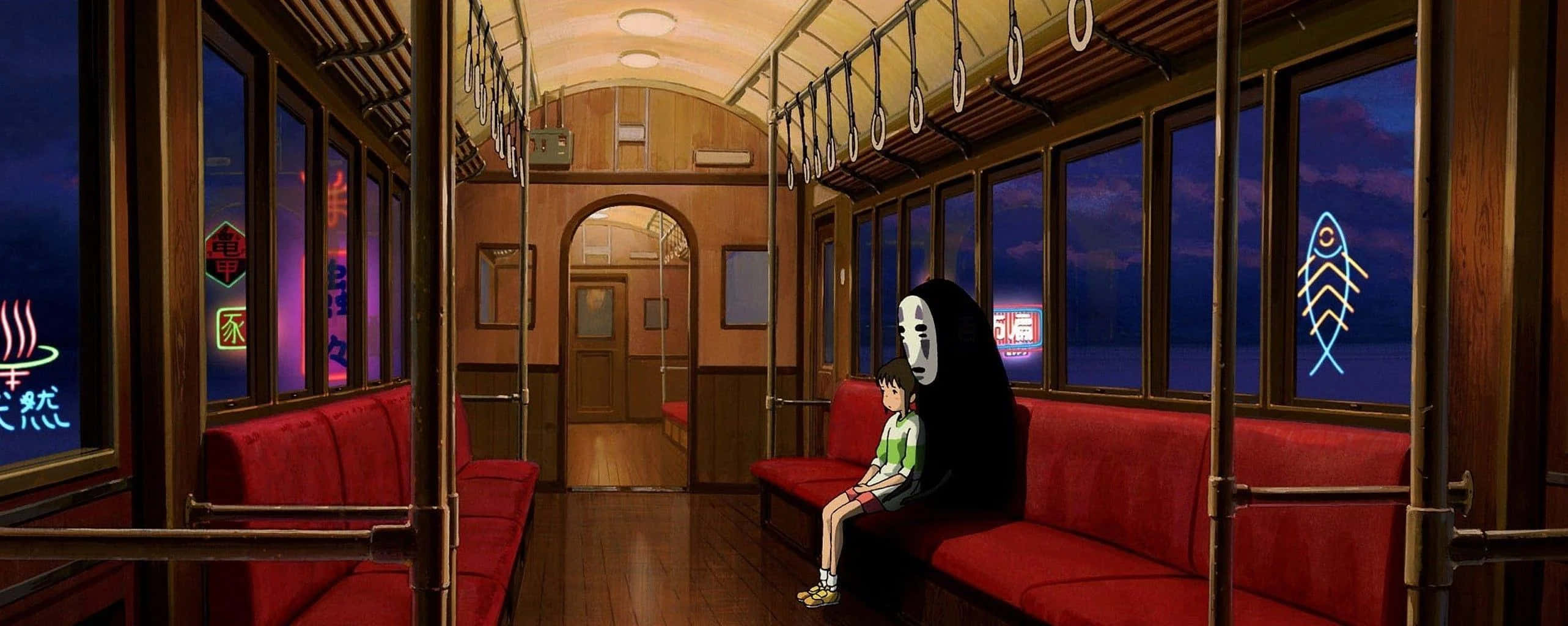 Hayao Miyazaki, anime train car, masked spirit, 2K Desktop Wallpaper