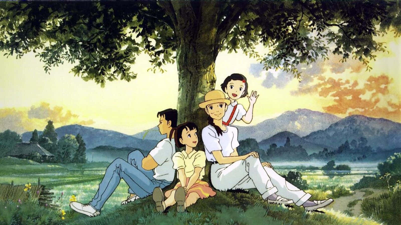 Hayao Miyazaki, sunlit meadow, large tree, HD Desktop Wallpaper